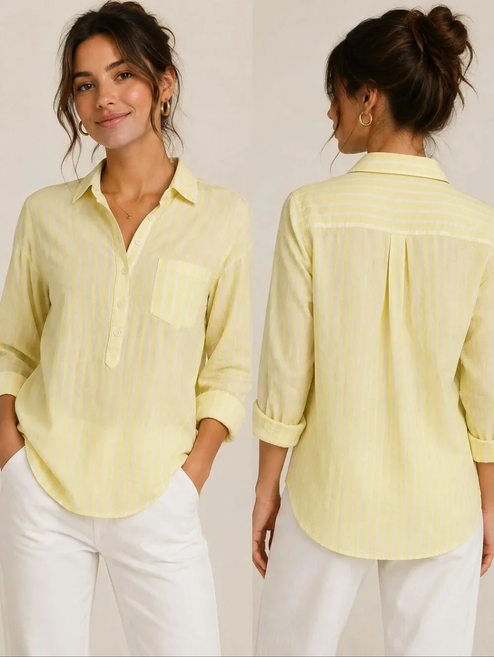 ​J.Crew Striped Button-Front Popover Shirt (Yellow & White), Sz M